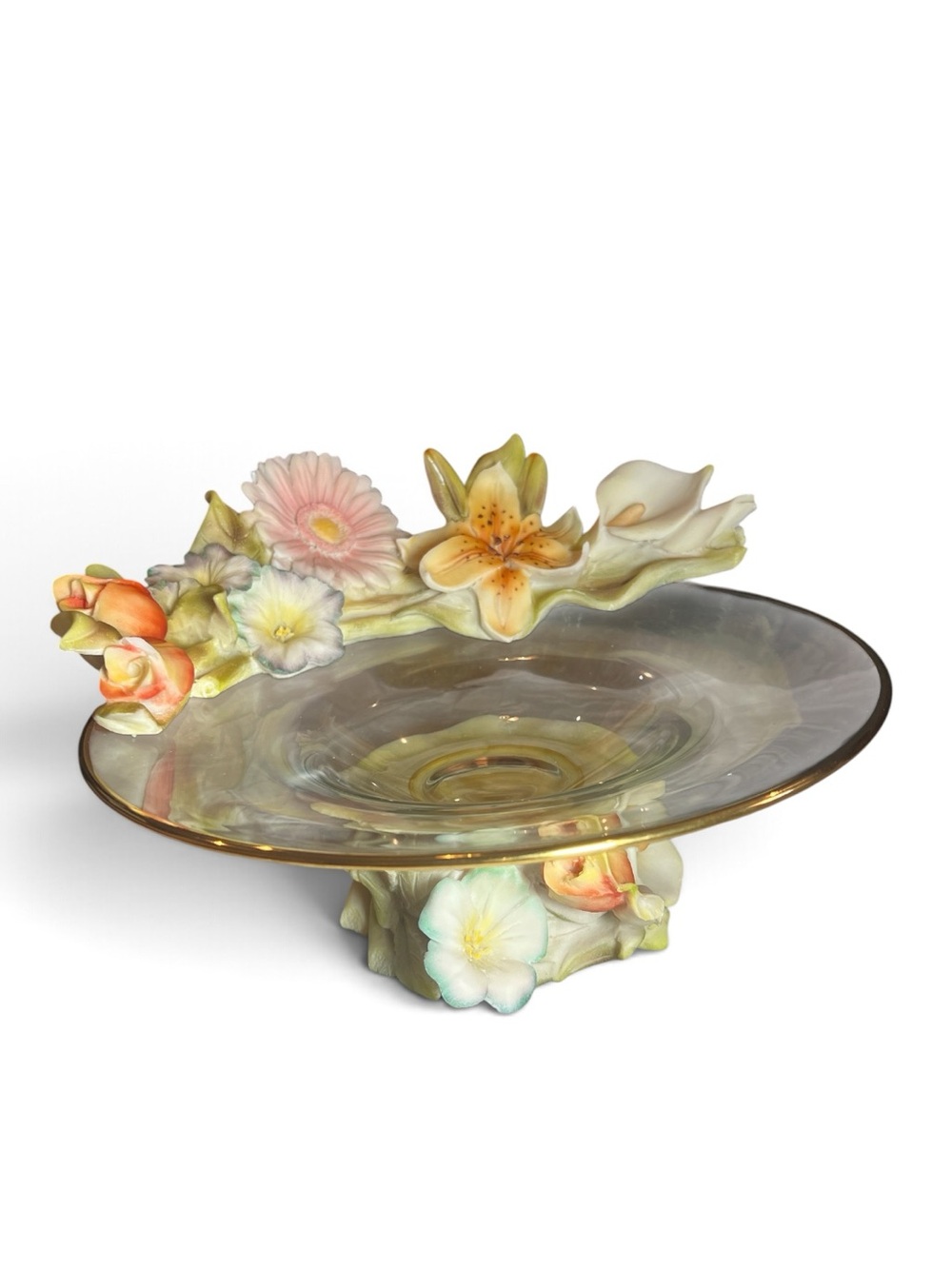 Vintage Cevik Italy Floral Pedestal Glass Porcelain Centerpiece Bowl